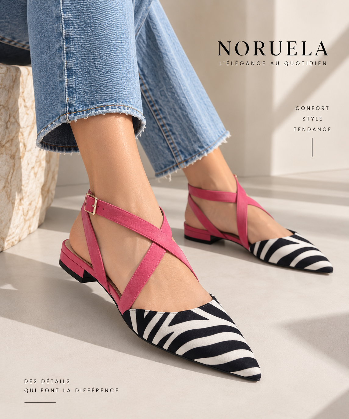 Ballerines imprimé zèbre beige et rose Noruela portées avec un jean