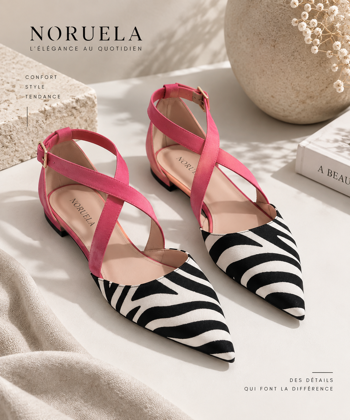 Ballerines plates imprimé zèbre beige et rose Noruela — paire vue de face