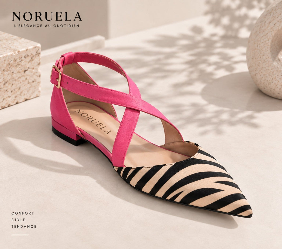 Ballerines plates à bout pointu imprimé zèbre beige et rose Noruela, décolleté bas