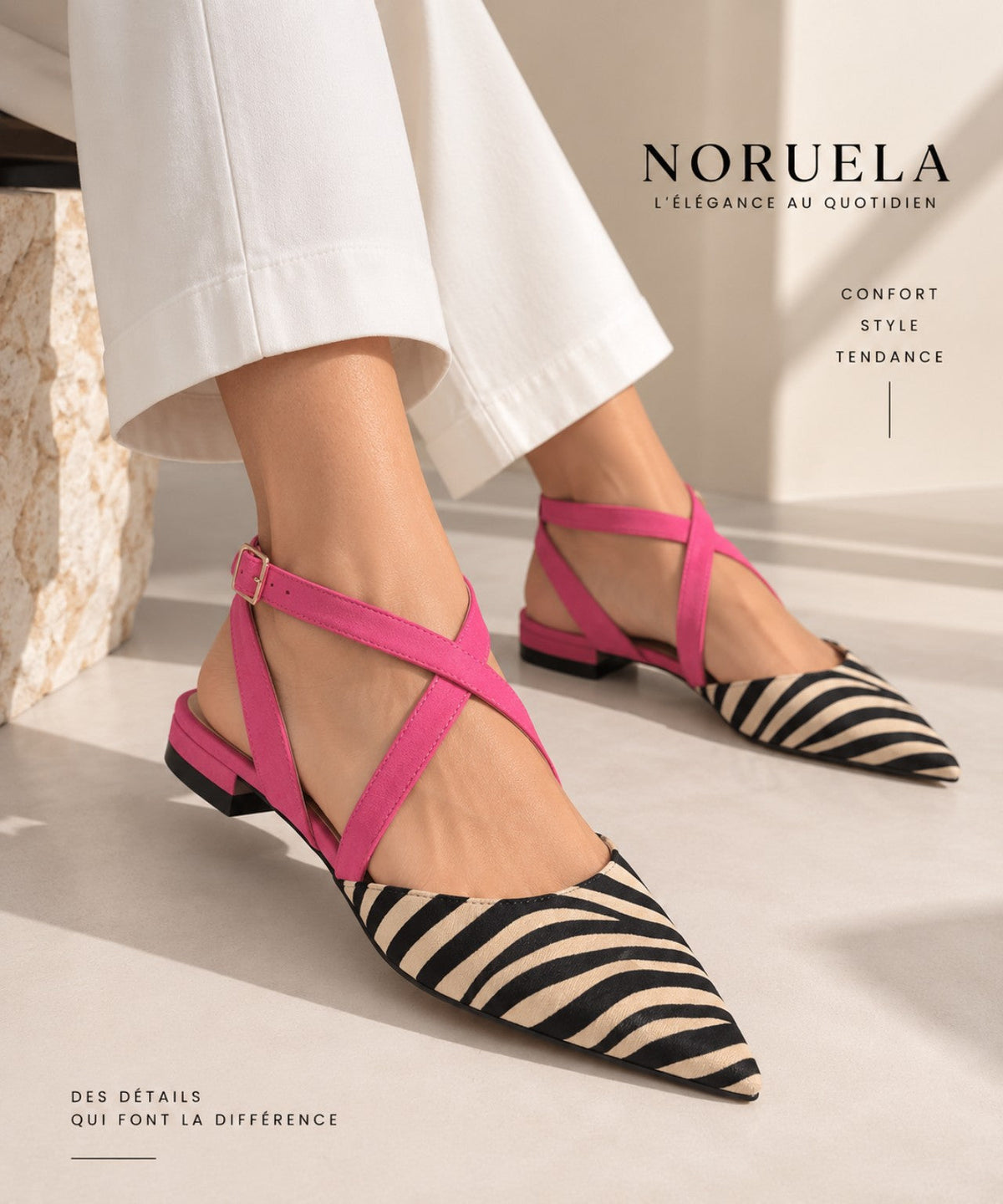 Ballerines imprimé zèbre beige et rose Noruela portées, vue de trois quarts