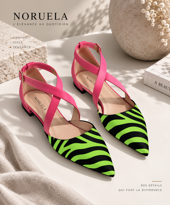 Ballerines plates à bout pointu imprimé zèbre Noruela — coloris vert, paire vue de face