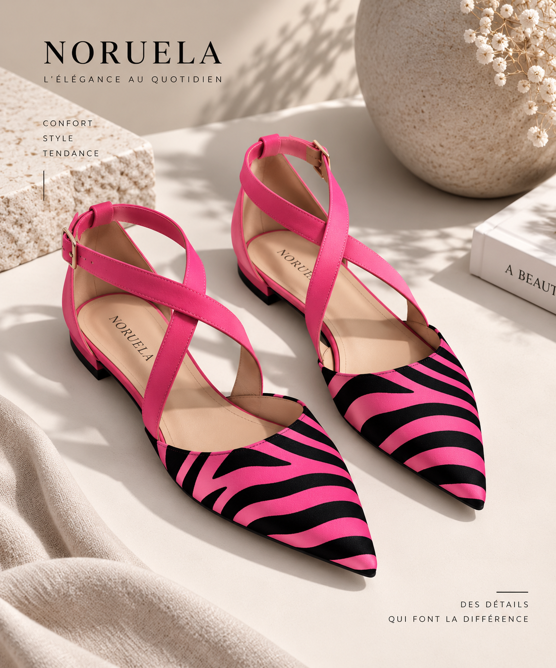 Ballerines plates à bout pointu imprimé zèbre Noruela — coloris rose, paire vue de face