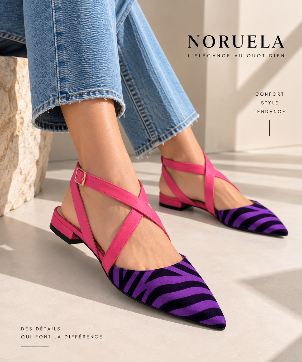 Ballerines à bout pointu imprimé zèbre violettes Noruela portées avec un jean