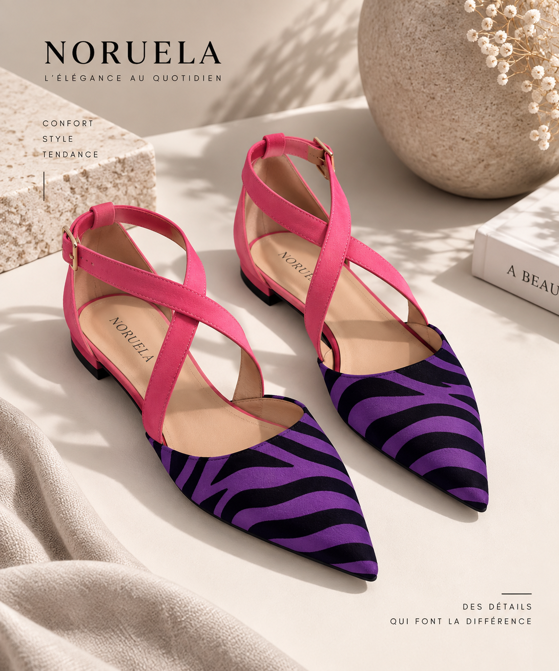 Ballerines plates à bout pointu imprimé zèbre Noruela — coloris violet, paire vue de face