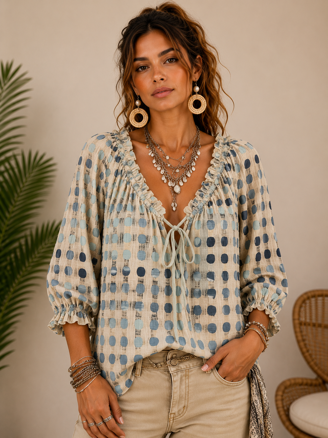 Chemise imprimée à pois beige et bleu