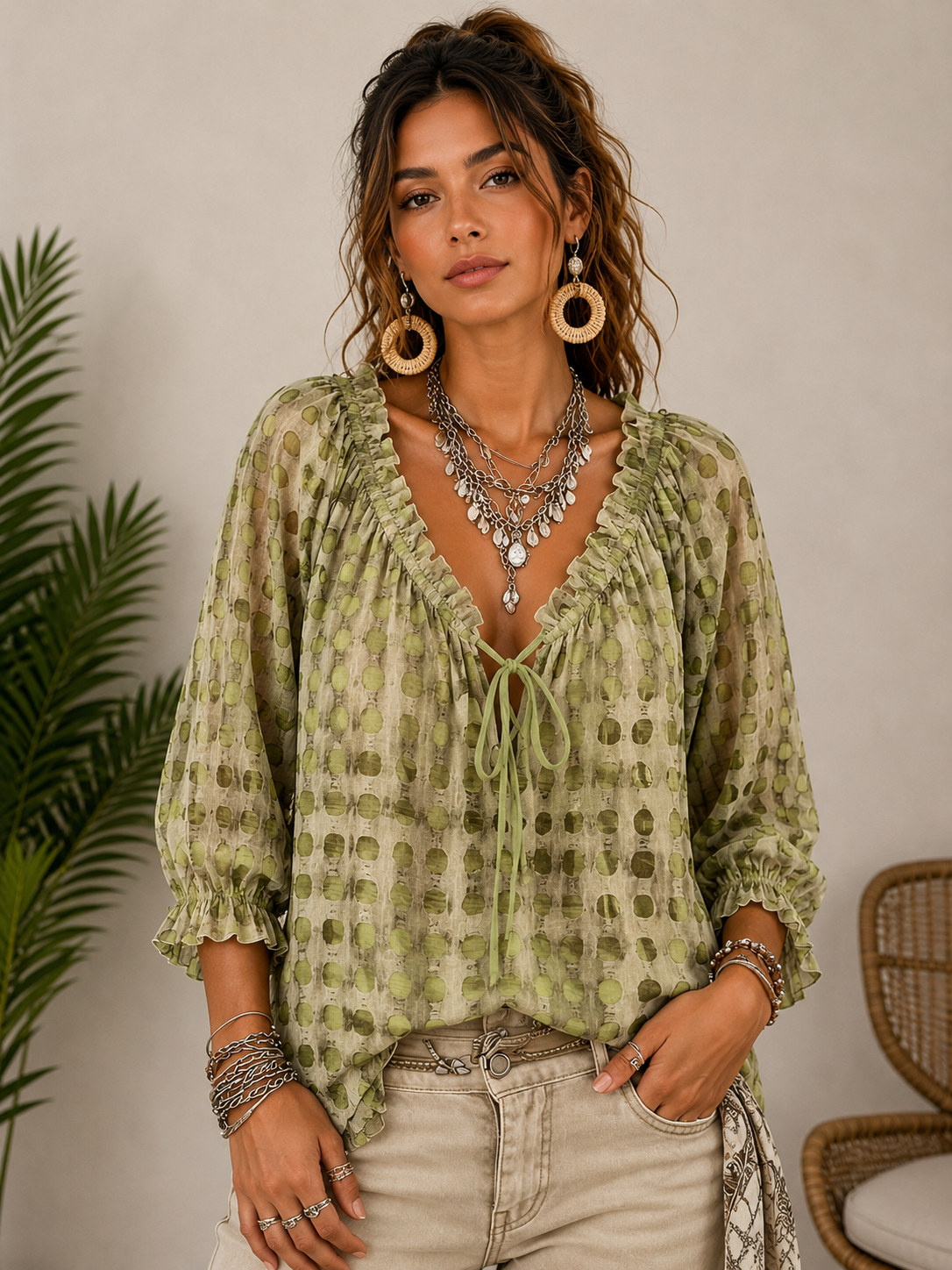 Chemise imprimée à pois vert clair