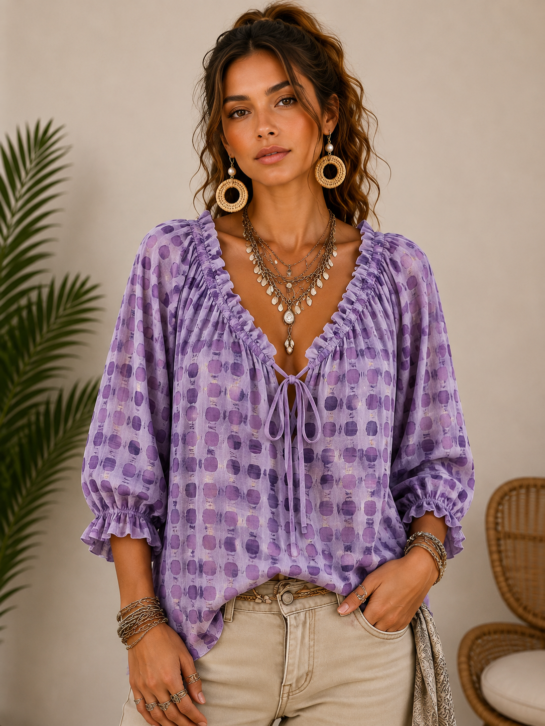 Chemise imprimée à pois violette