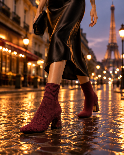 Bottines chaussettes Noruela portées — bordeaux, soirée à Paris