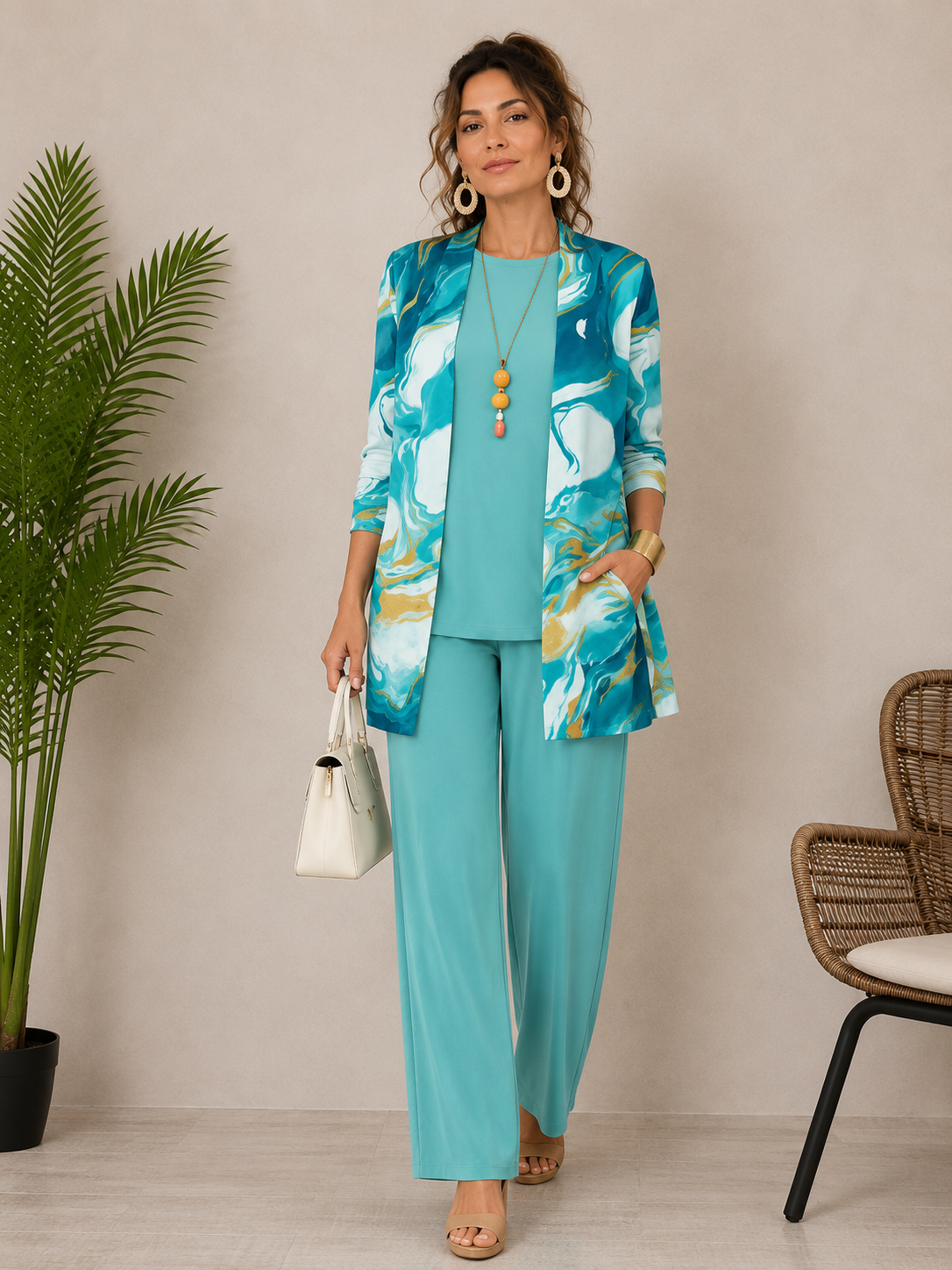 Ensemble botanique trois pièces turquoise