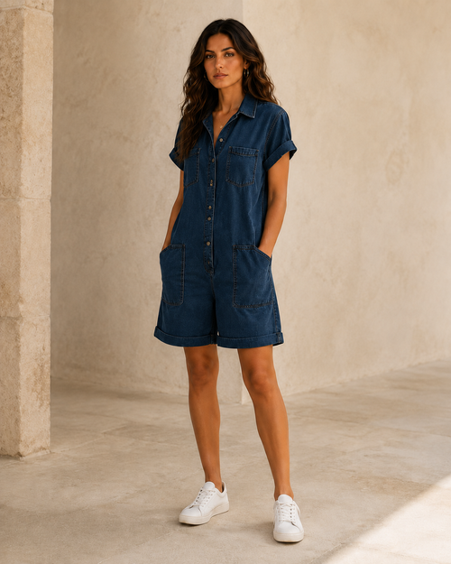 Combinaison en denim bleu foncé portée par le modèle signature Noruela