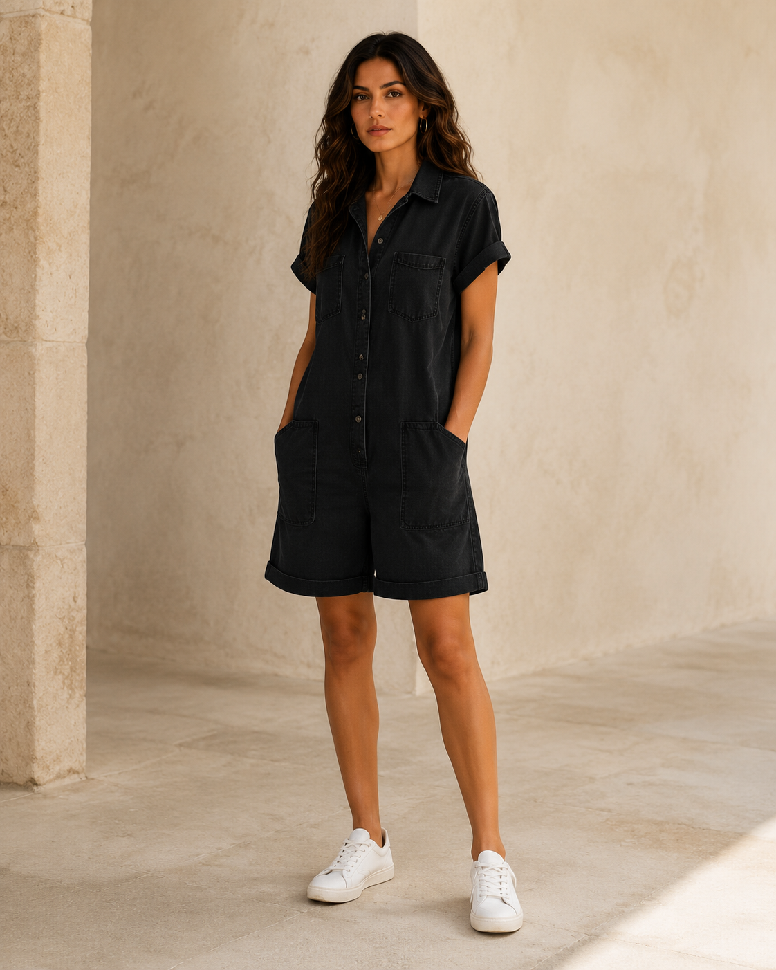 Combinaison en denim noire portée par le modèle signature Noruela