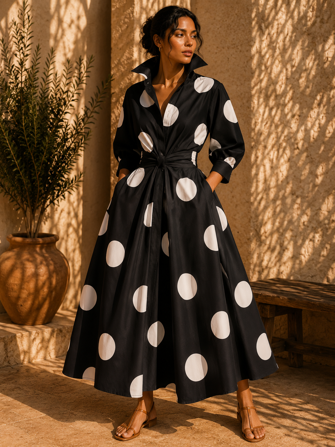 Robe fluide noire à grands pois blancs Noruela