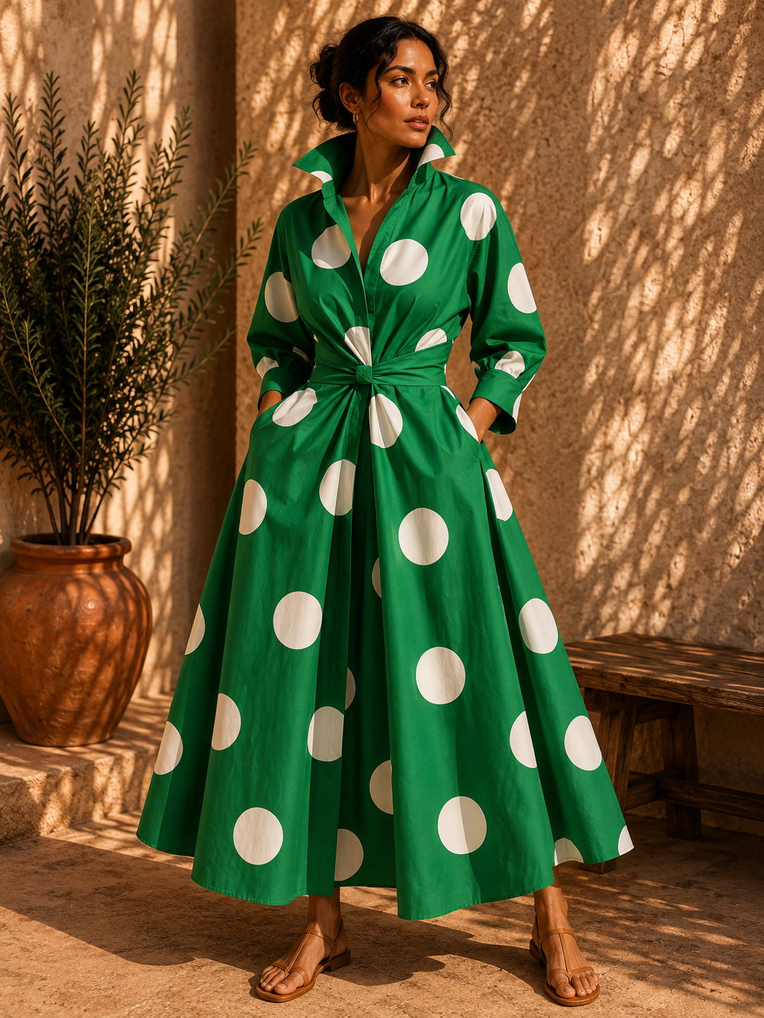 Robe fluide verte à grands pois blancs Noruela