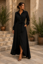 Robe-chemise longue ceinturée noire Noruela