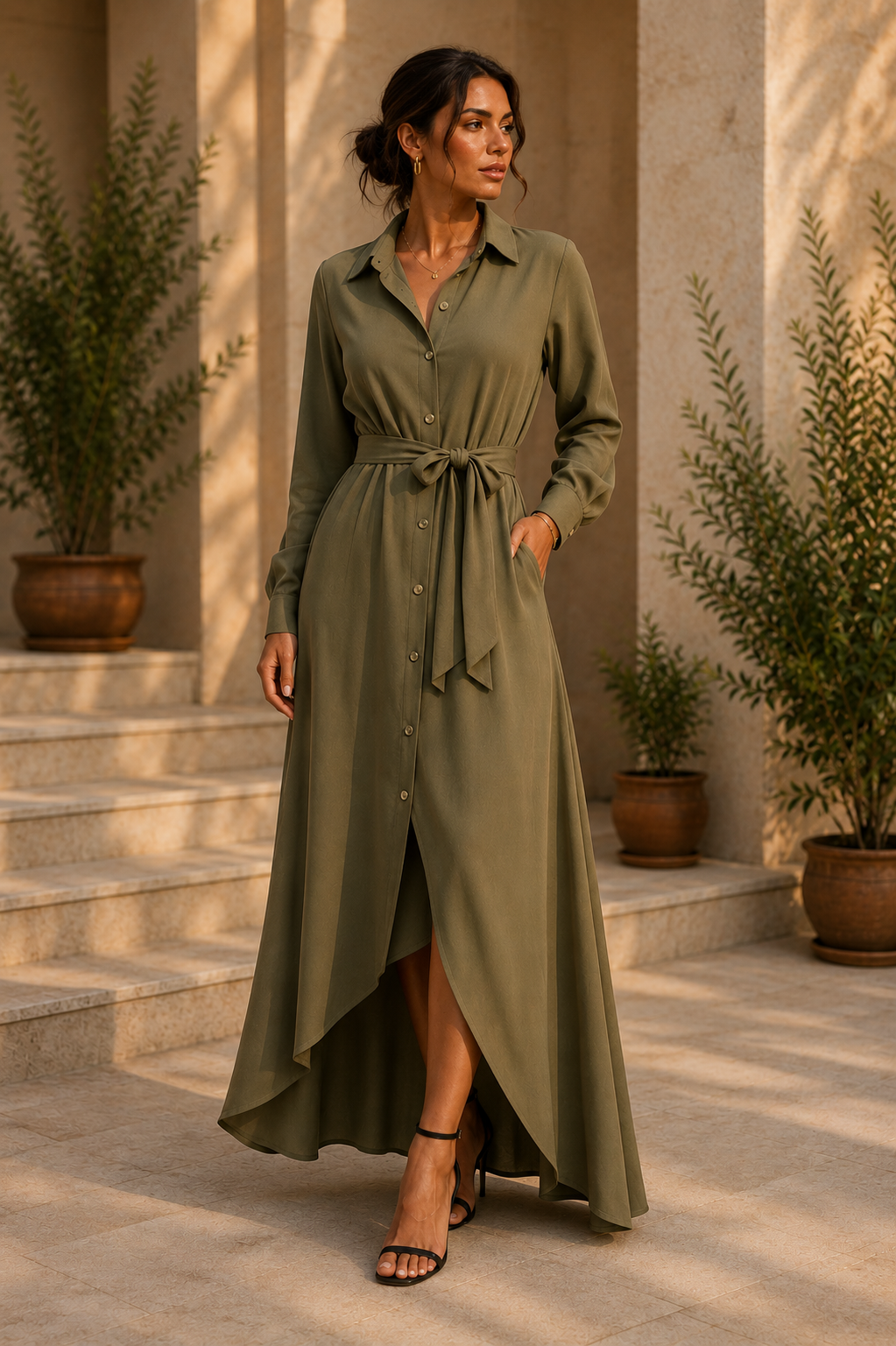 Robe-chemise longue ceinturée khaki Noruela