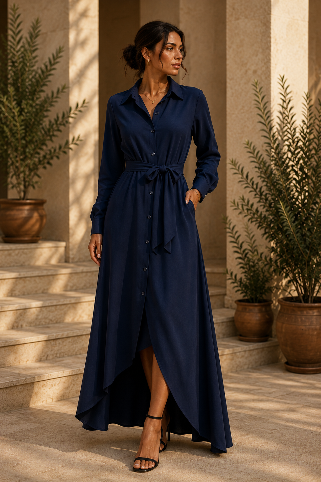 Robe-chemise longue ceinturée bleu marine Noruela