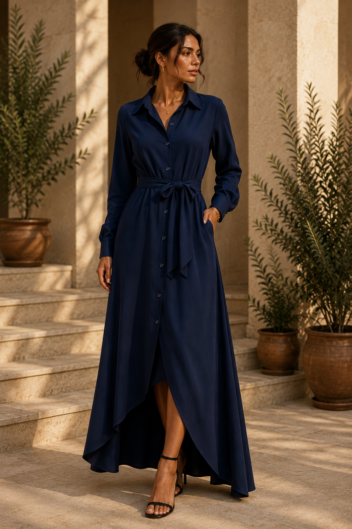 Robe-chemise longue ceinturée bleu marine Noruela