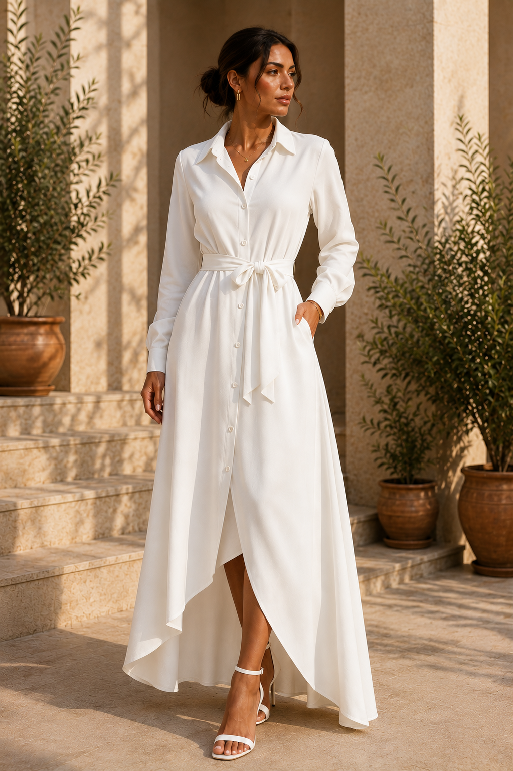 Robe-chemise longue ceinturée blanche Noruela