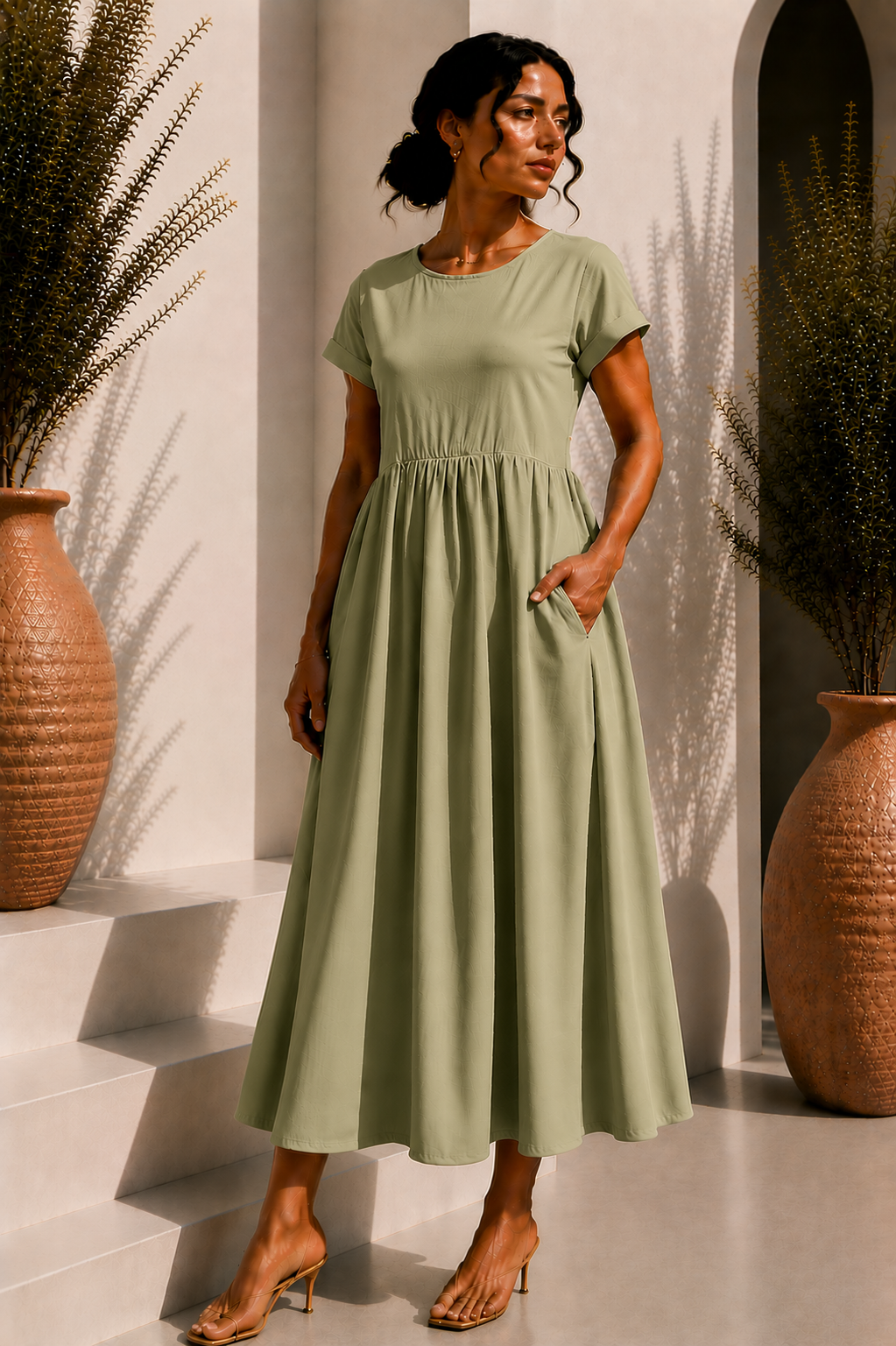 Robe longue épurée - Military green ice silk pattern