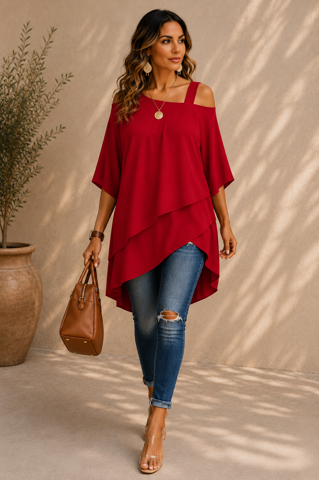 Top asymétrique à bretelle rouge